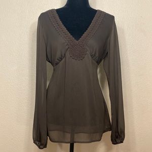 Vintage Ann Taylor Women’s Blouse V-Neck, Sheer Fabric, Crochet Neck, Tie Back